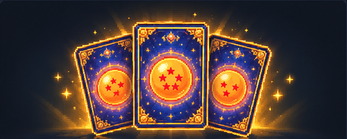 Three glowing Dragon Ball cards