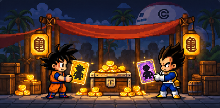 Goku and Vegeta trading hero cards at a market stall
